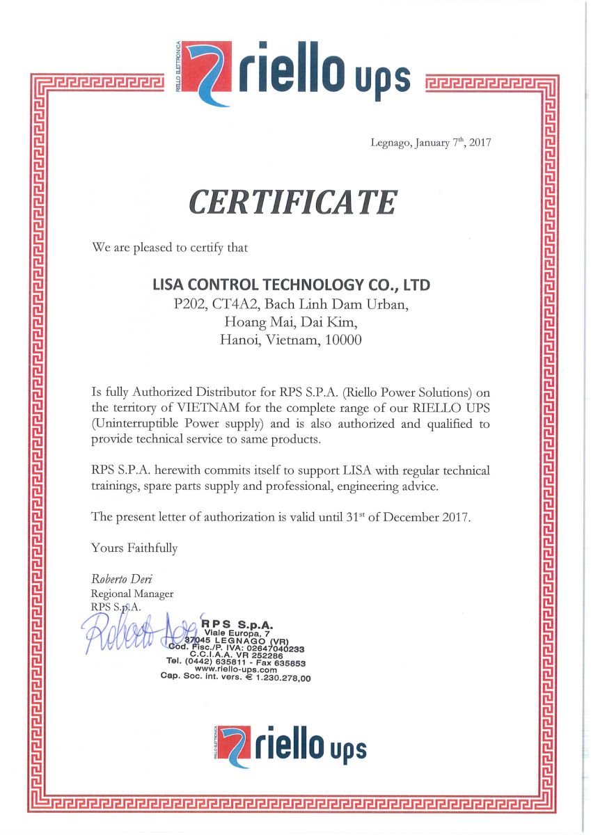 chứng nhận lisatech là đại diện phân phối ups riello tại việt nam
